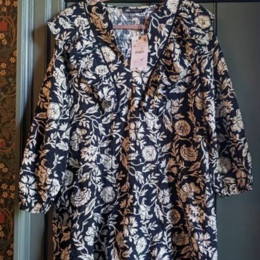 ZARA MONOCHROME FLORAL COTTON RUFFLED MINI DRESS SIZE XS 1971 061 093